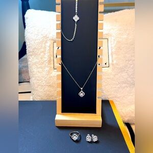 Silver tone jewelry set - stainless steel with CZ stone accent on clover setting